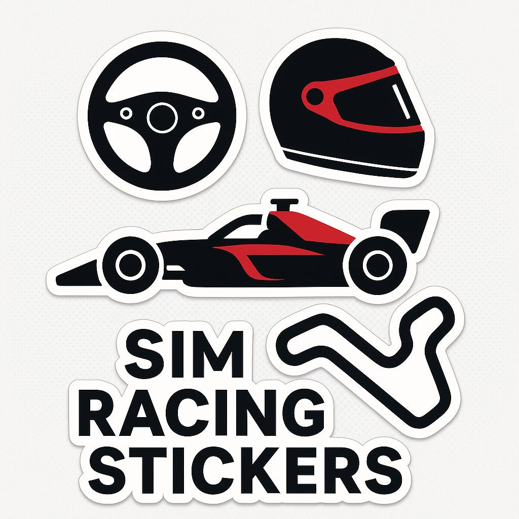 Sticker-style illustration featuring a sim racing steering wheel, helmet, race car, and track outline with the text Sim Racing Stickers.
