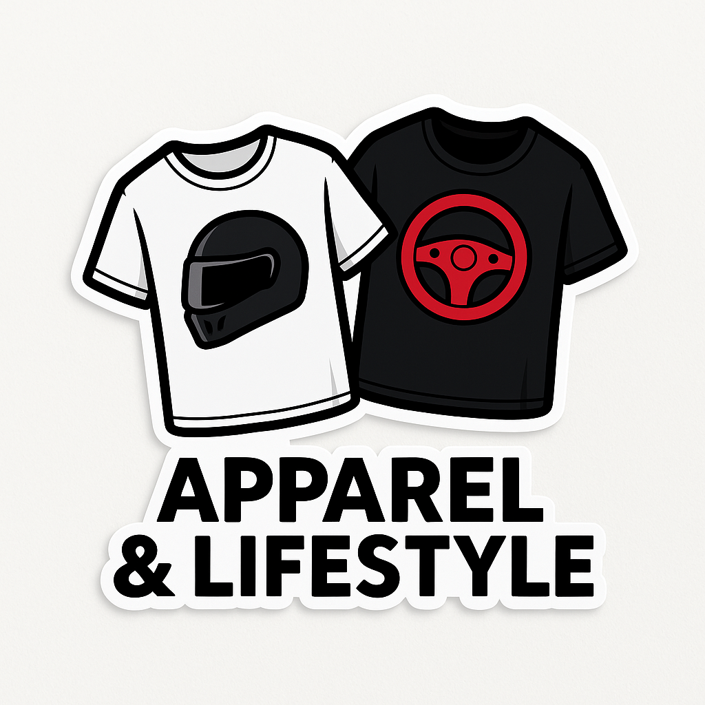 Sticker-style illustration of two sim racing T-shirts, one white with a racing helmet graphic and one black with a red steering wheel, with the text Apparel & Lifestyle below.