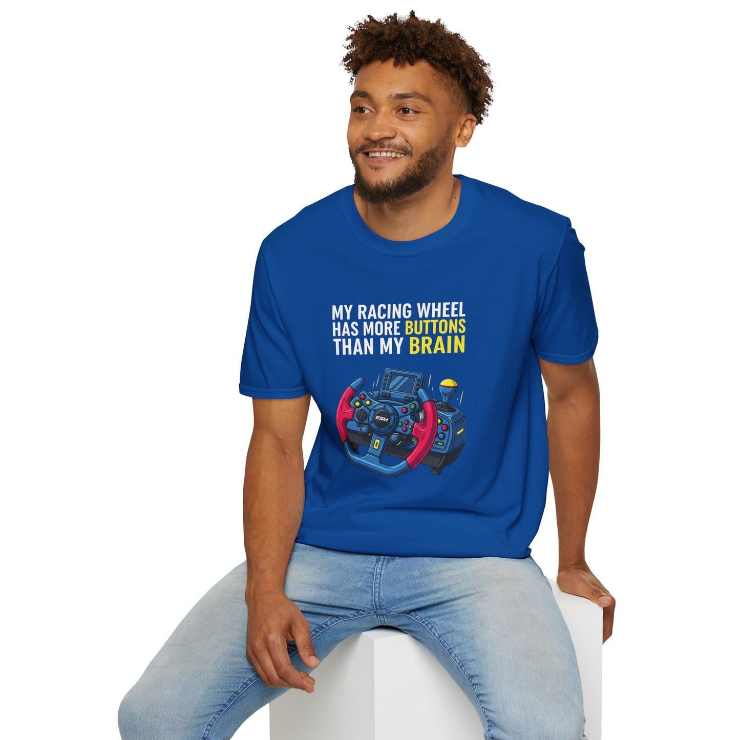 My Racing Wheel Has More Buttons Than My Brain Tee – Funny Sim Racing T-Shirt